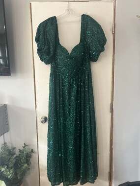 Faeriesty Emerald Green Sequin Puff Sleeve Sweetheart Maxi Dress Size 4XL